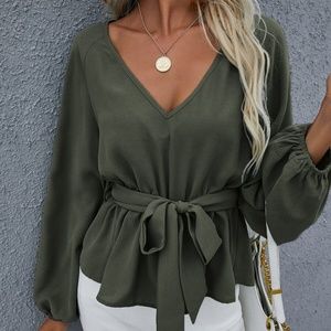 Boho Army Green Oversized Peplum Belted Top Minimalist